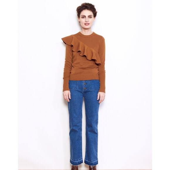 Apiece Apart Women's Brown Cinnamon Sterre Ruffle Crewneck Sweater Size Small - Picture 1 of 10